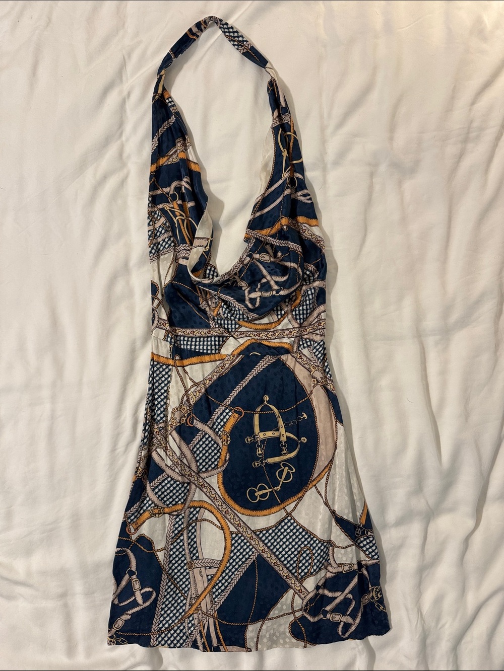 Ronny Kobo Collection Navy Blue, White & Gold Backless Halter Dress